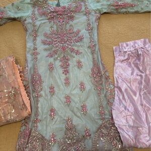 Ariya Pink and Silver Embroidered Ensemble wedding salwar kameez 3 PCs